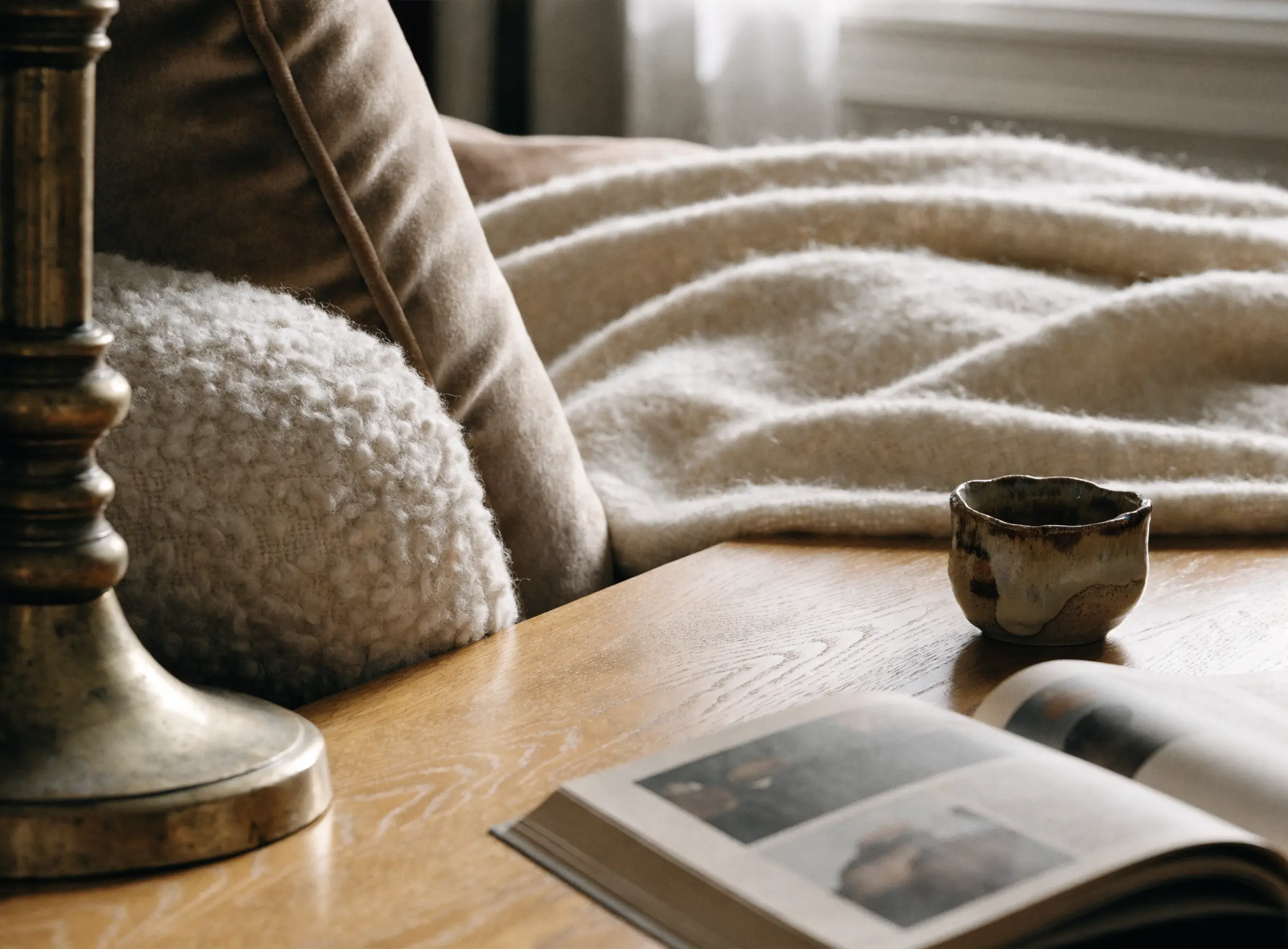 Oak, brass and layered neutral textiles