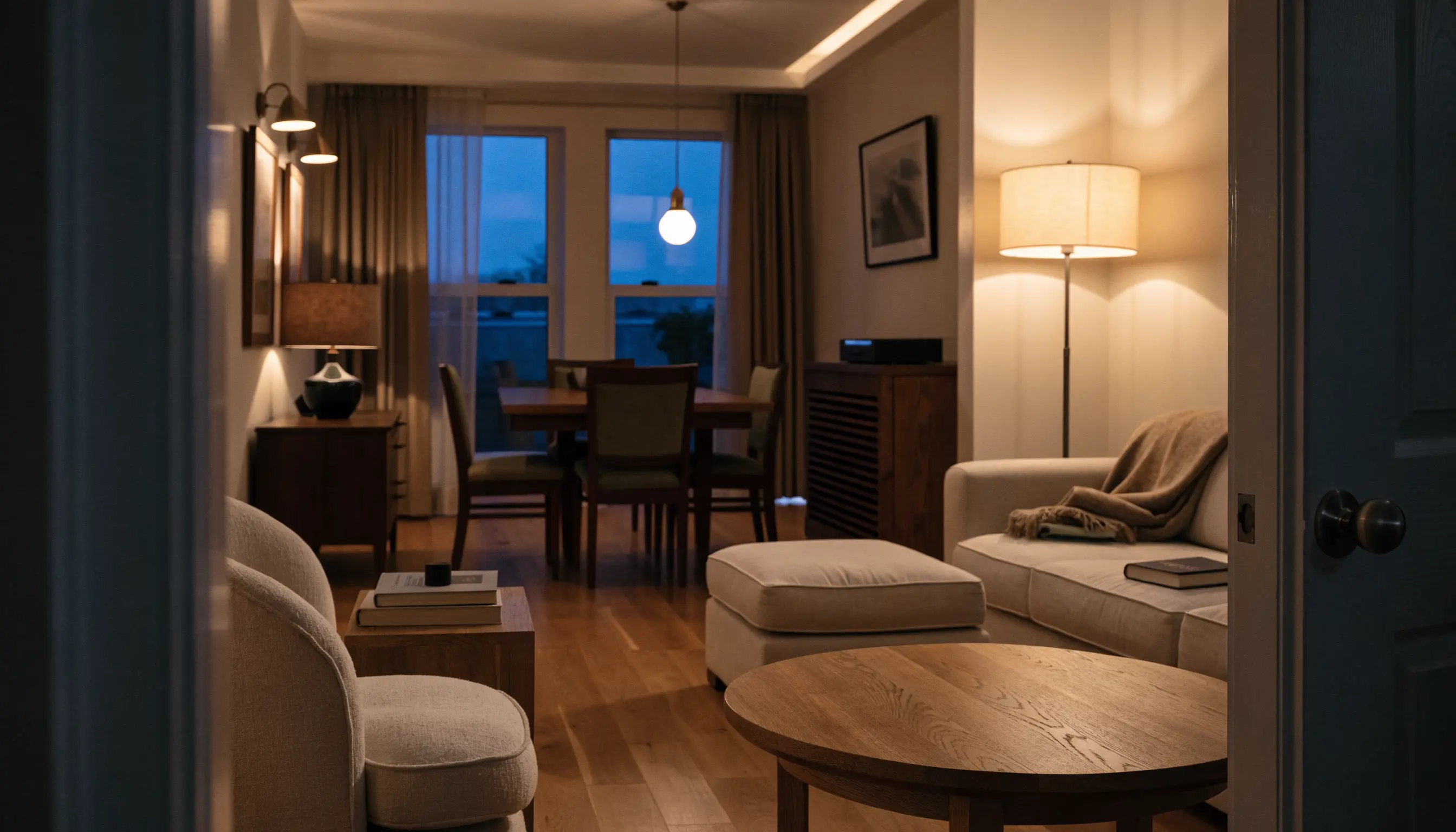 Warm family room with softly layered evening lighting